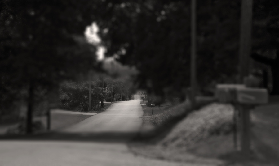 A black and white sepia toned image of a long paved asphalt road rolling over some hills in Bloomsdale, Missouri shot in the tilt shift photography style