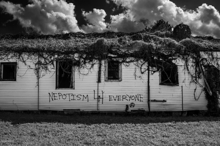 A black and white image of a an abandoned building overgrown with vegetation that has a graffiti tag that reads "Nepotism 4 Everyone" in the 7th Ward of New Orleans, Louisiana.